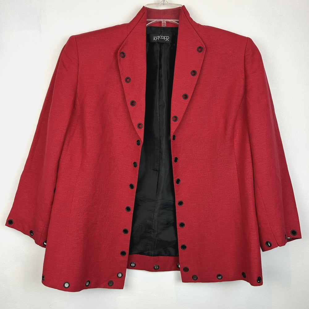 Blazer Womens 10 Jacket Red Open 3/4 Sleeve Rivets Solid Old Money Career Read